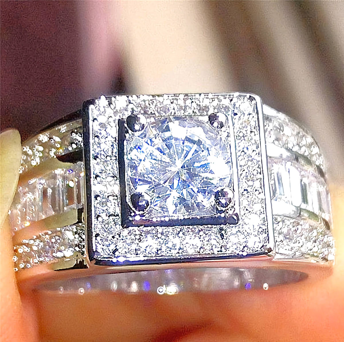 新品1円~★送料無料★七色の光スクエアダイヤモンドヘビー プラチナ仕上 925シルバーリング誕生日プレゼント旅行秋祭冬連休ギフト国内発送拍卖