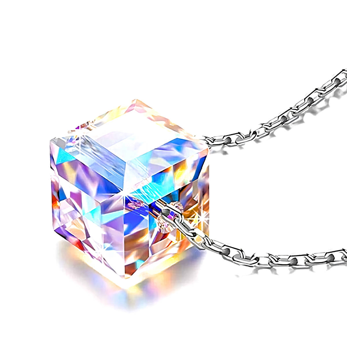 新品★送料無料★虹色レインボー水晶キューブ万華鏡プラチナ仕上925シルバーペンダント誕生日プレゼント旅行秋祭冬連休ギフト国内発送拍卖
