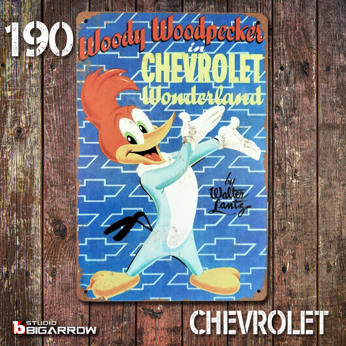 190 ブリキ看板 20×30㎝ CHEVROLET シボレー ウッドペッカー ガレージ メタルプレート アメリカンインテリア USフェンス 世田谷ベース拍卖