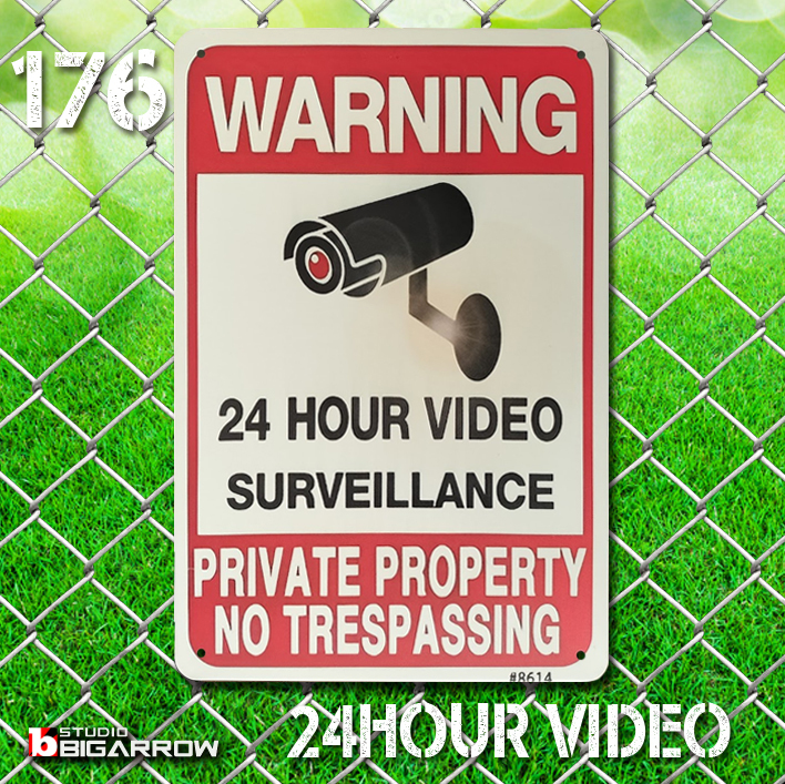 176 ブリキ看板 20×30㎝ 監視カメラ 24時間監視 セキュリティ 防犯 ガレージ メタルプレート アメリカン雑貨 USフェンス 世田谷ベース拍卖