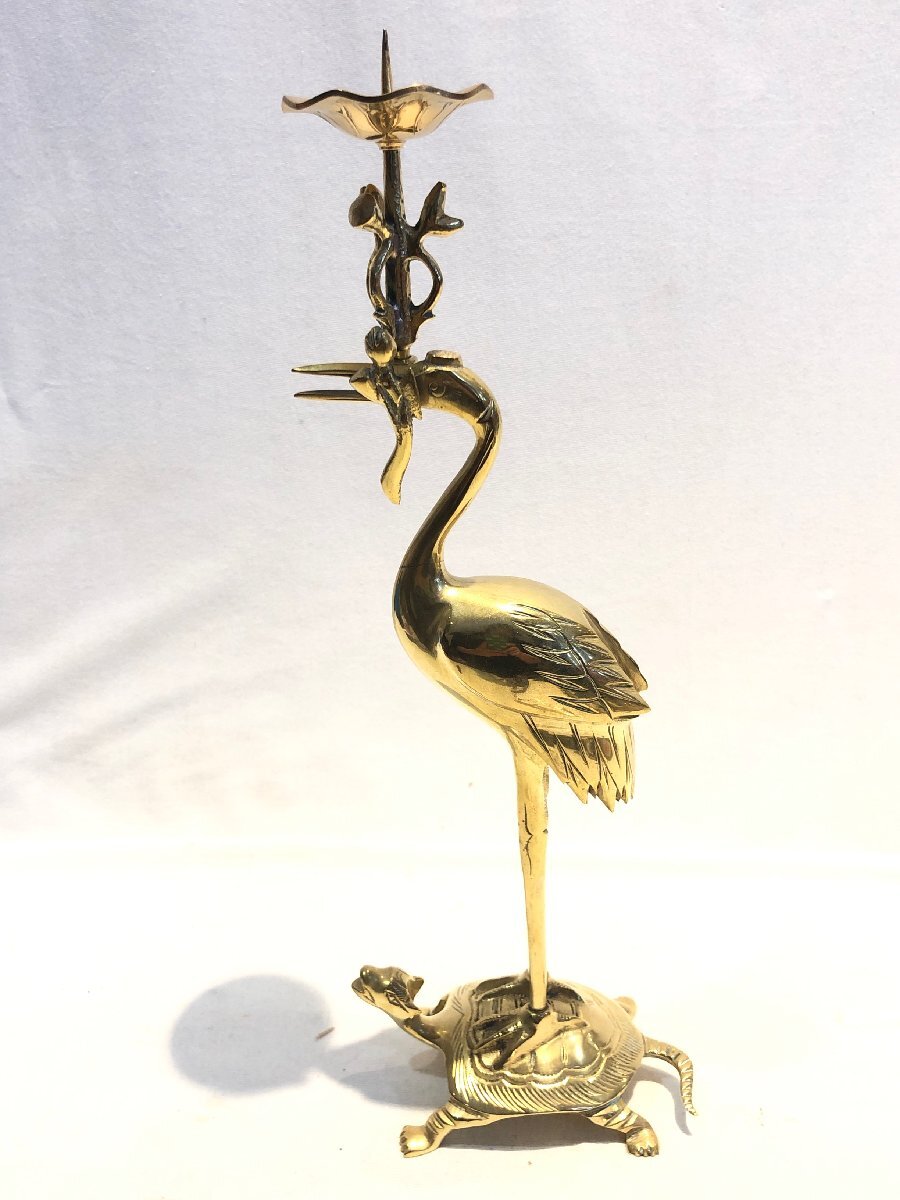 ■69■灯立 鶴亀 蝋燭台 ロウソク台 仏壇 仏具 仏教 横幅約10.5cm 佛具拍卖