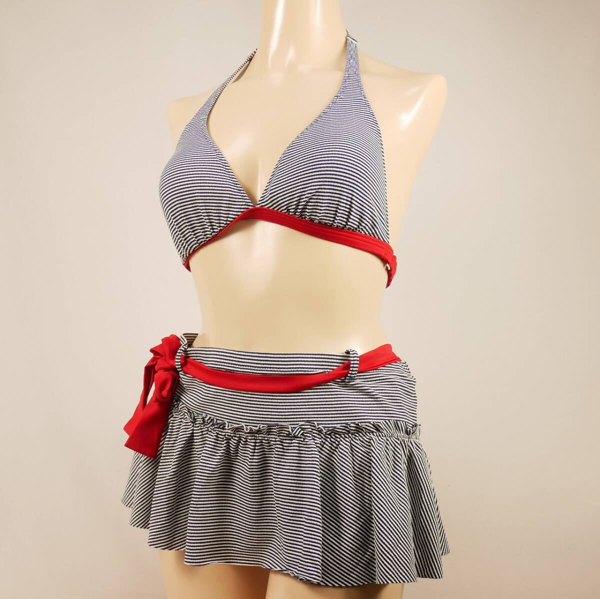 7896 美品ボーダー柄ビキニ ホルターネック 9M ブルー拍卖