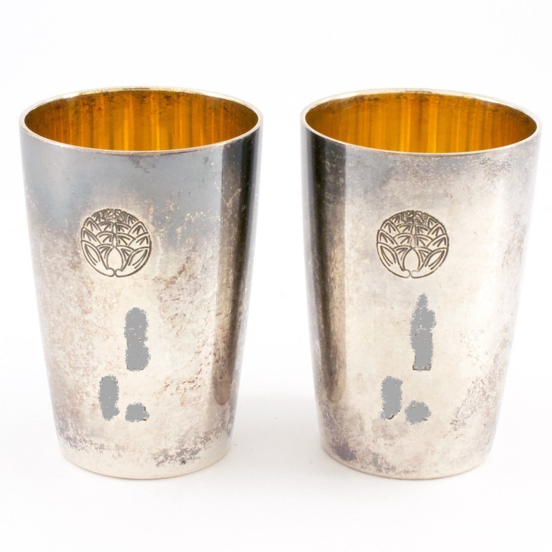 銀製 ぐい呑み2個セット 内面メッキ 実名刻印あり 「銀製」刻印あり 二個で67g(約)拍卖