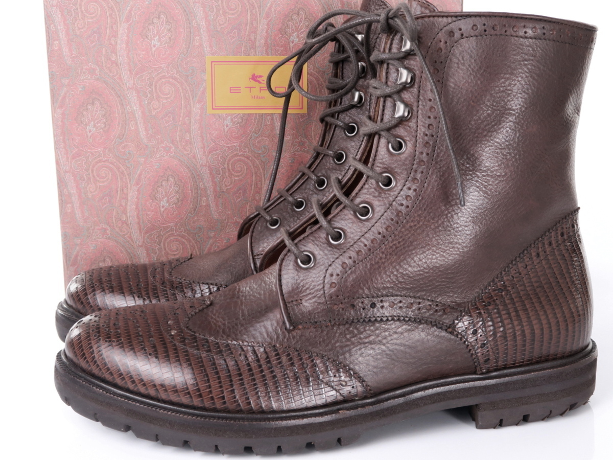 価格17万新品本物ETROエトロ【極上◎イタリアのエレガント漂う】メダリオン切り替え本革レザー編み上げブーツ靴/メンズ/43=27,5~28cm拍卖
