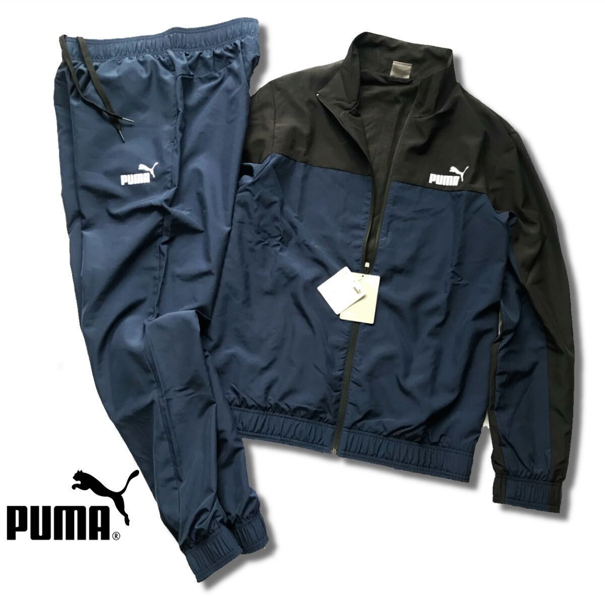 ●C389新品【メンズXL(O)】黒ネイビー プーマ ウインド 上下セット ウーブン 防風 ジャケット PUMA セットアップ ジョガーパンツ2拍卖