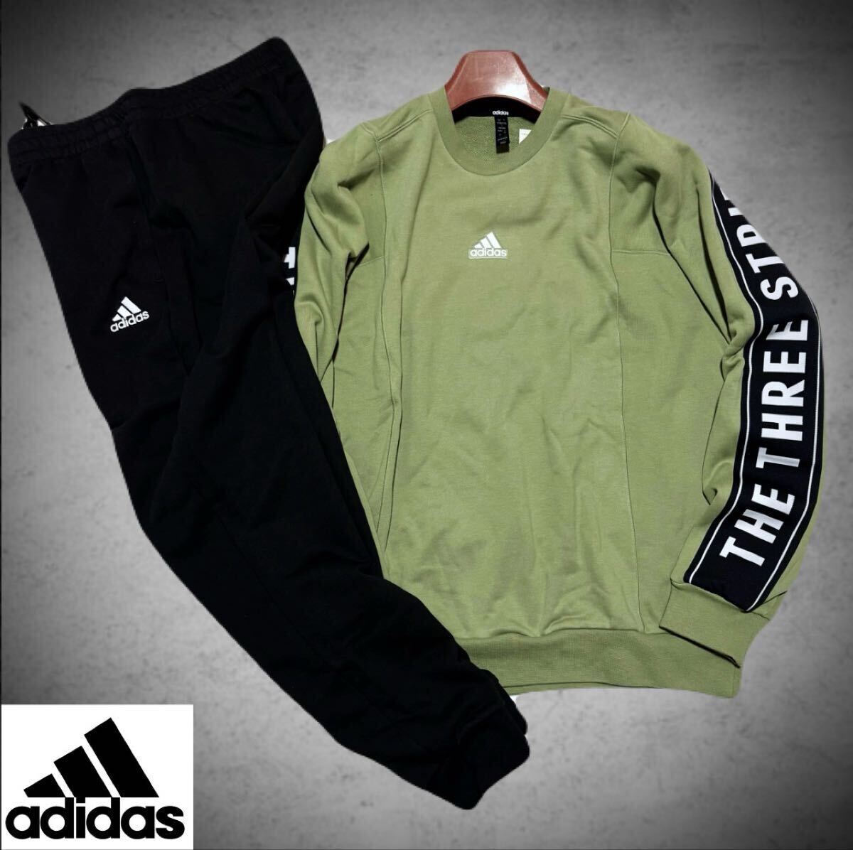新品 【メンズL】adidas 秋冬 カーキ ブラック アディダス 両腕BIGロゴ スウェット ジョガーパンツ セットアップ フレンチテリー拍卖