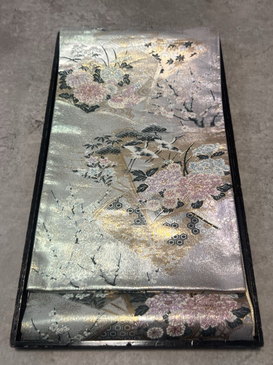 帯 花扇 銀金 織物 正絹 袋帯 きもの 和装 呉服 伝統拍卖