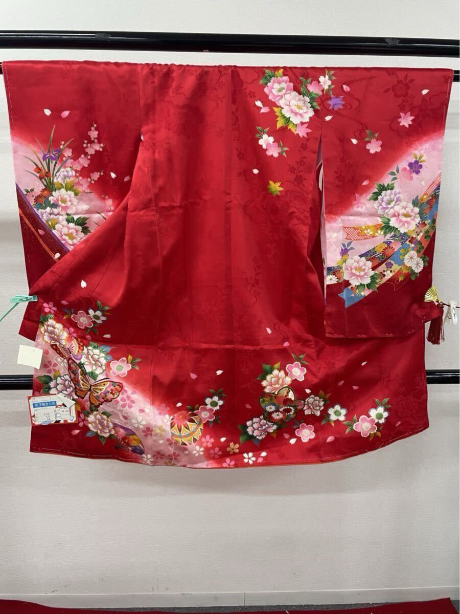 ほ七五三-64 七五三 着物 3歳用 着物〔紐なし〕&襦袢2点セット 赤 花 桜 神社 お宮参り セレモニー イベント 210419拍卖
