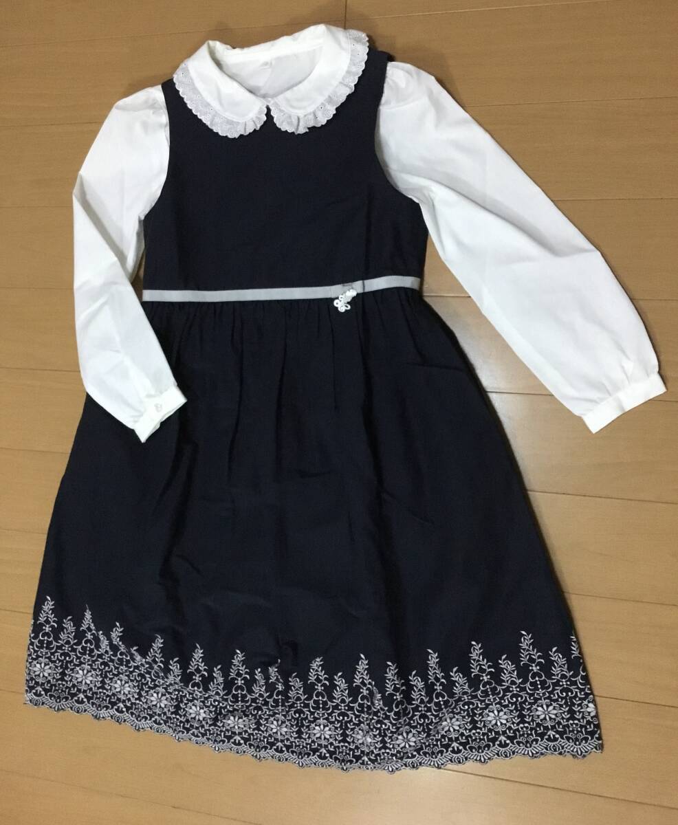 ♪Tartine et Chocolat タルティーヌエショコラ ジャンパースカート(130)ネイビー系 べべ/長袖ブラウス(130)西松屋 セット♪拍卖