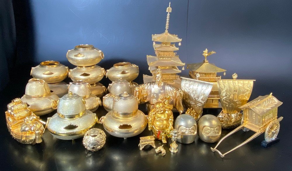 【14P3566】1円スタート 金属工芸品 置き物 24KGP 金メッキ 約23kg以上 まとめ 宝船 だるま 香炉 ゴールドカラー 金色 縁起物 現状品拍卖