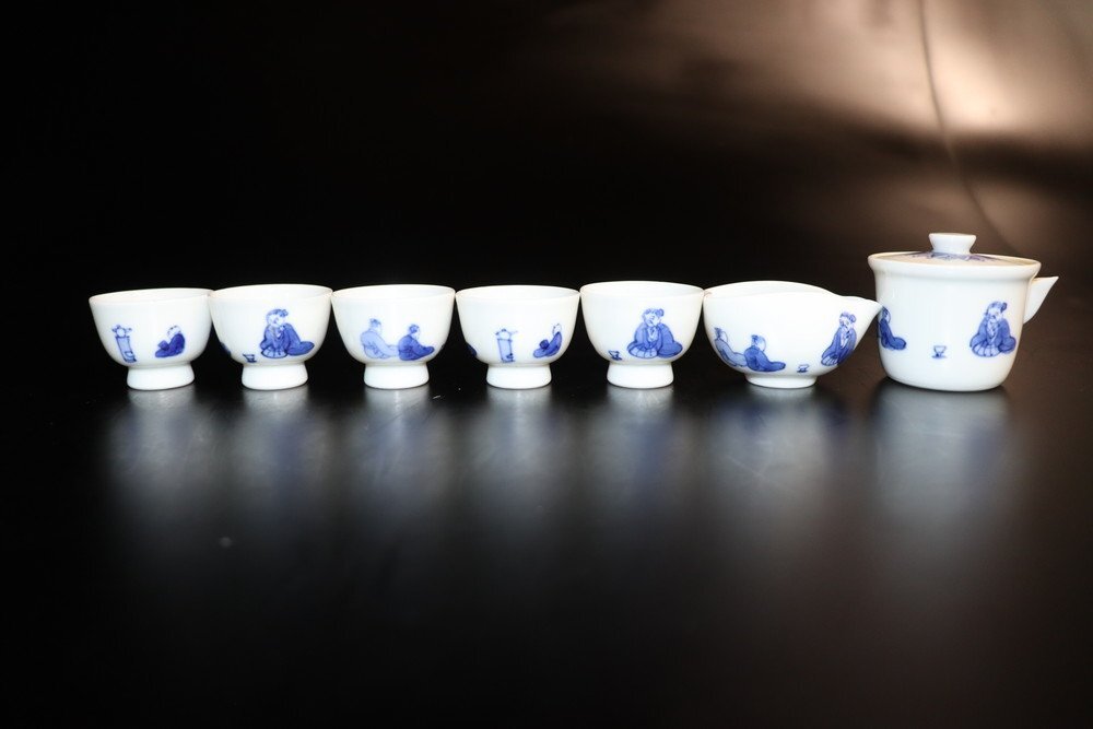 【江】高橋道八造 染付人物文茶器揃 宝瓶 湯冷まし 茶碗5客 在銘 古美術品(茶道具煎茶道具茶注湯呑)X1975 CTDBrrie拍卖