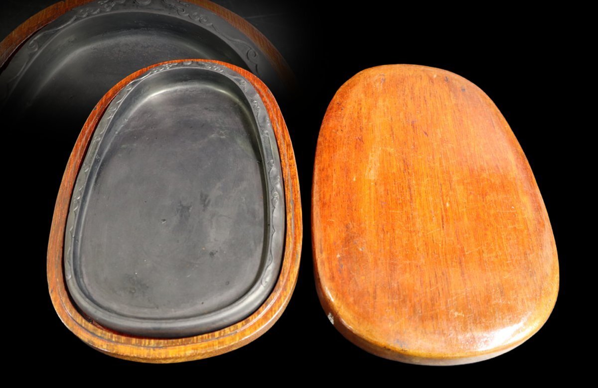 【江】中国古玩 唐物 木製蓋台座付双龍図硯 23×15×2.5㎝ 重量約1.3㎏ 古美術品(書道具文房具唐木)AX1467 CTDBeiiu拍卖