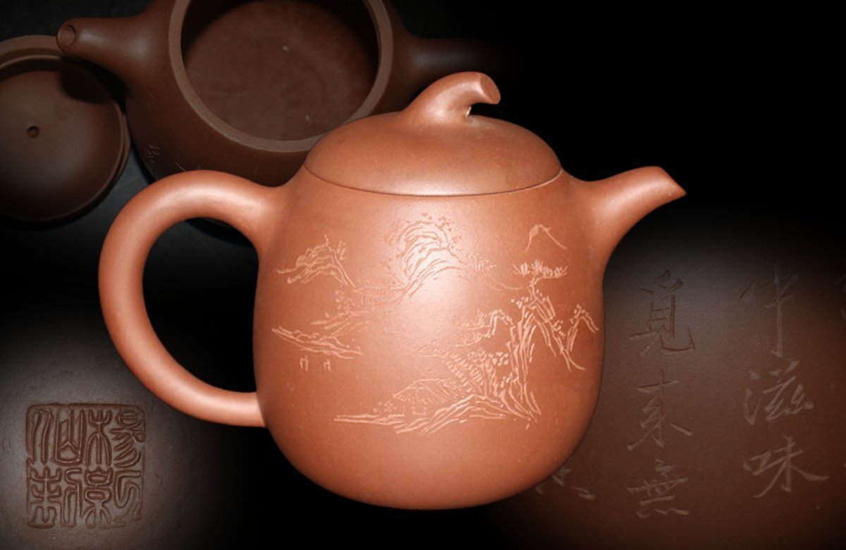 【江】時代 中国古玩 唐物 朱泥楼閣漢詩彫後手急須 高さ11㎝ 在銘 古美術品(紫砂紫泥茶道具煎茶器茶注土瓶)AX1689 CTDBeibv拍卖