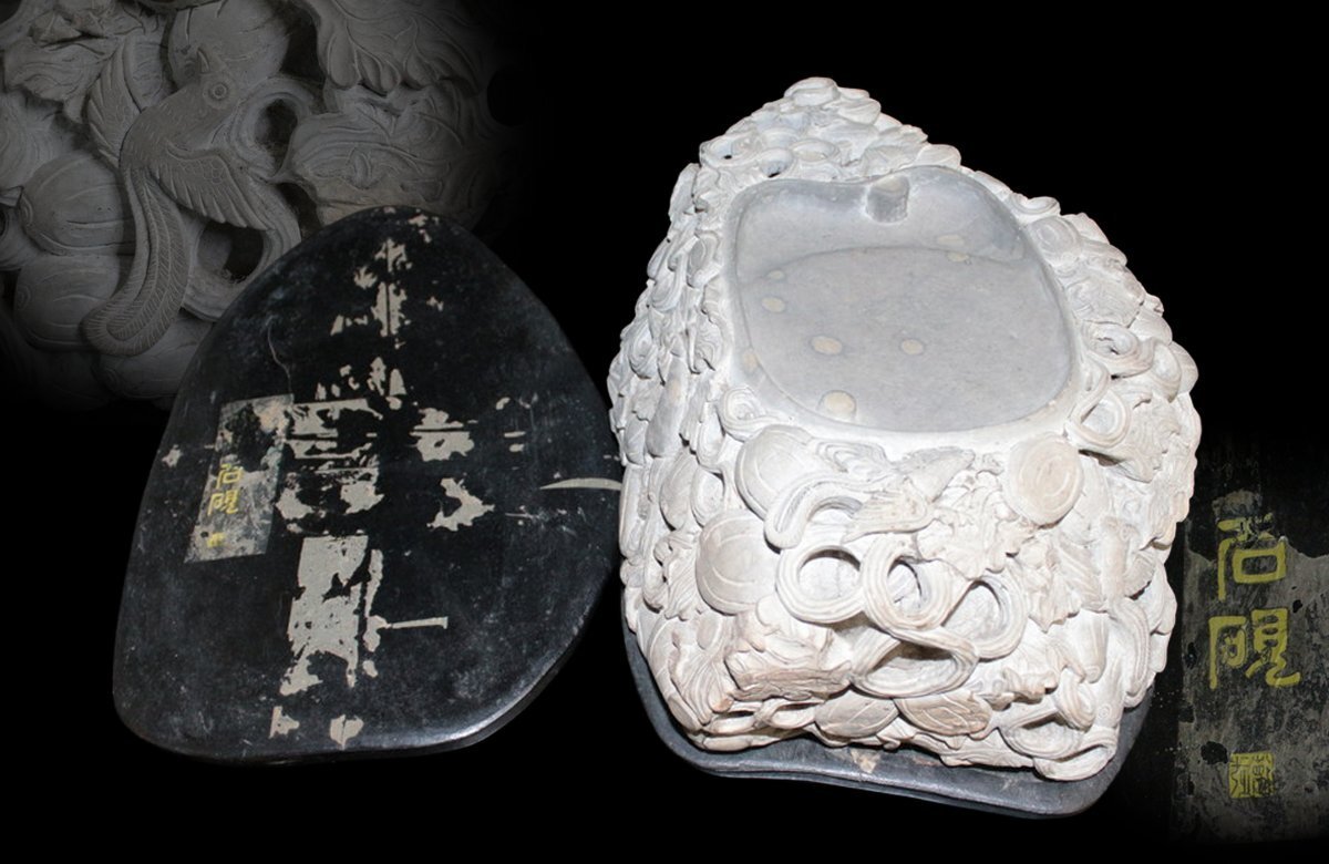 【江】中国古玩 唐物 木製蓋台座付花鳥瓜図立体彫端渓硯 33×19×12㎝ 重量約11㎏ 古美術品(書道具文房具唐木)AX1464 OTekkj拍卖