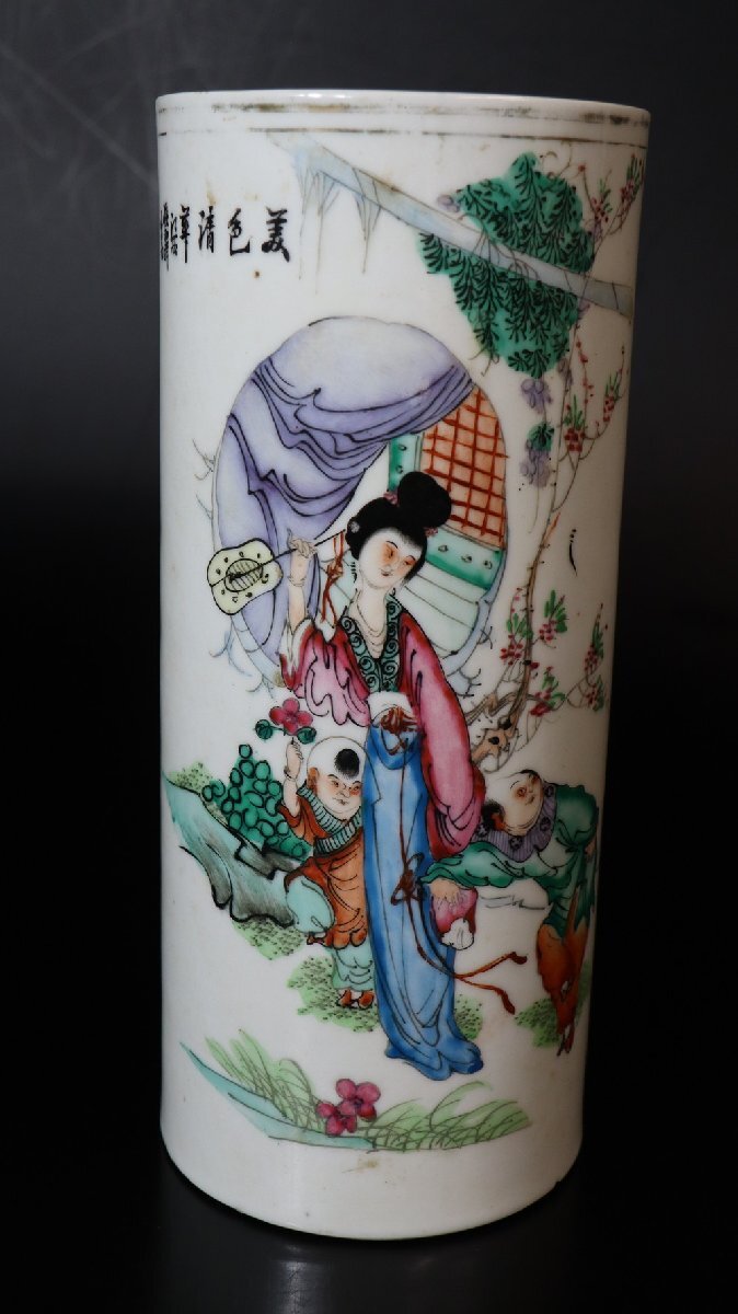 【江】時代 清代末期 中国古玩 唐物 八百年陶器 色絵人物風景文筒形花瓶 高さ27.3㎝ 古美術品(花器花入花生飾壺)X1907 CTDBetiu JBmaou拍卖