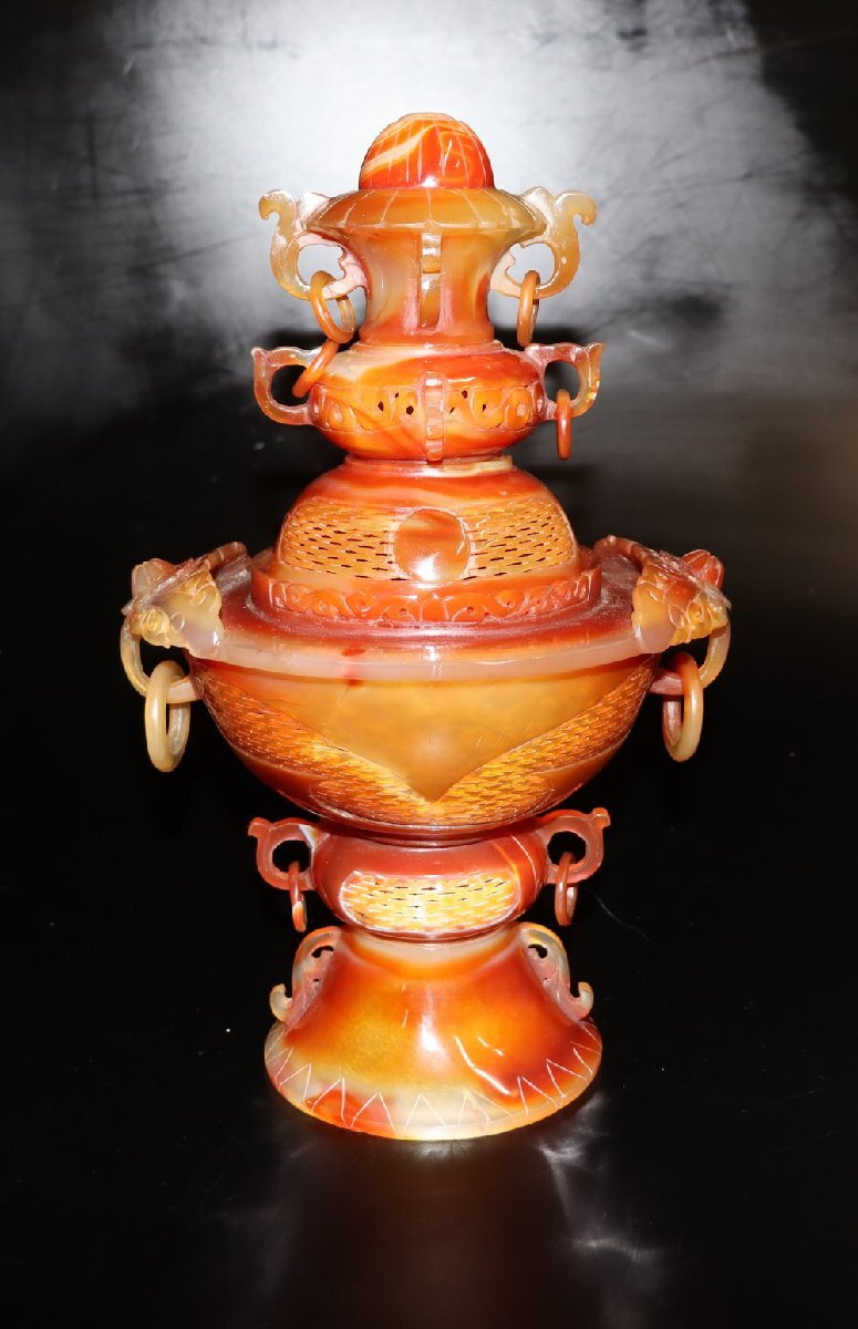 【江】中国美術 古玩 唐物 瑪瑙 花唐草透かし彫環付香炉 高さ31.5㎝ 古美術品(メノウ茶道具香道具仏具)X1933 CTDByiut NBqoiq拍卖