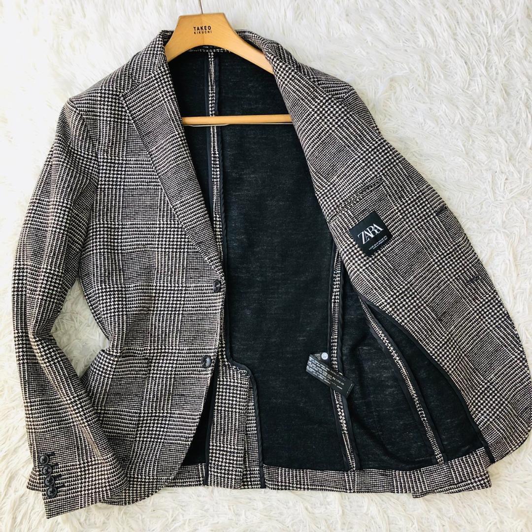 【大人気デザイン】ZARA ザラ テーラードジャケット ストレッチ グレンチェック柄 センターベント グレー サイズ48 L相当 ビジカジ 8拍卖