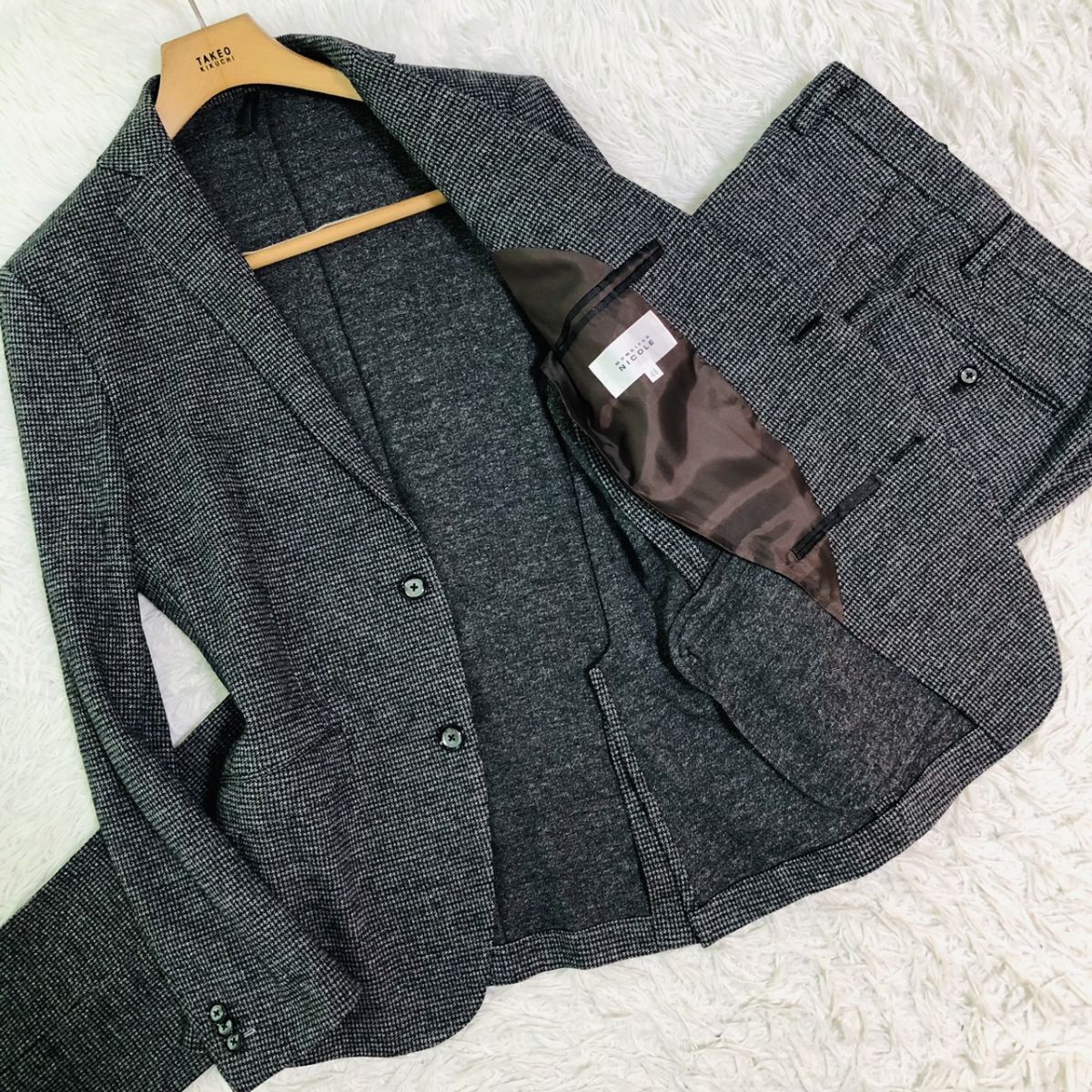 ムッシュニコル【monsieur NICOLE】セットアップスーツ テーラードジャケット 千鳥柄 ストレッチ サイドベンツ グレー L相当 ビジネス 28拍卖