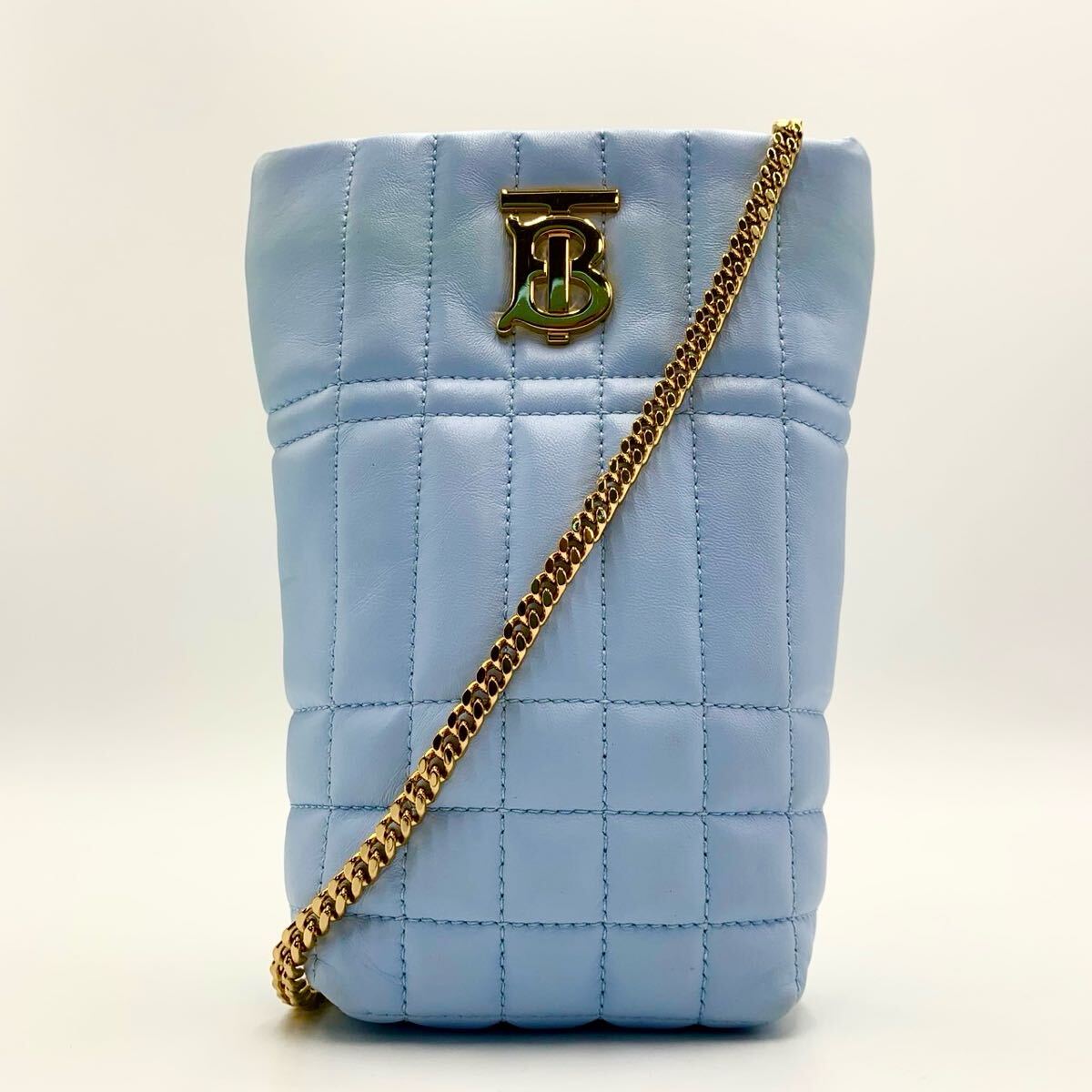 【未使用品に近い】Burberry バーバリー TBロゴ ミニローラ チェーンバッグ ミニショルダーバッグ ライトブルー 水色拍卖