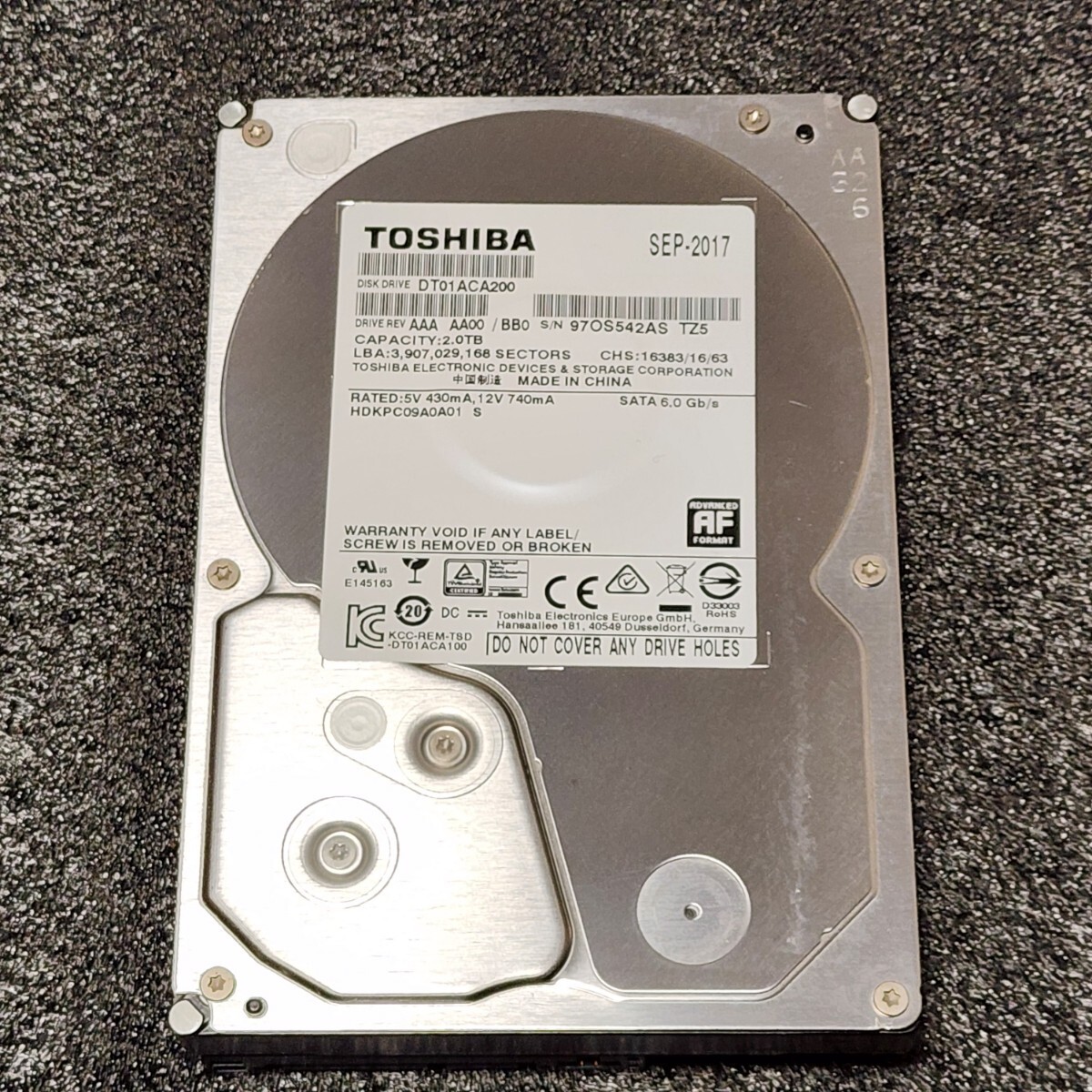 【送料無料】TOSHIBA DT01ACA200 2000GB/2TB 3.5インチ内蔵HDD 2017年製 フォーマット済み 正常品 PCパーツ 動作確認済拍卖