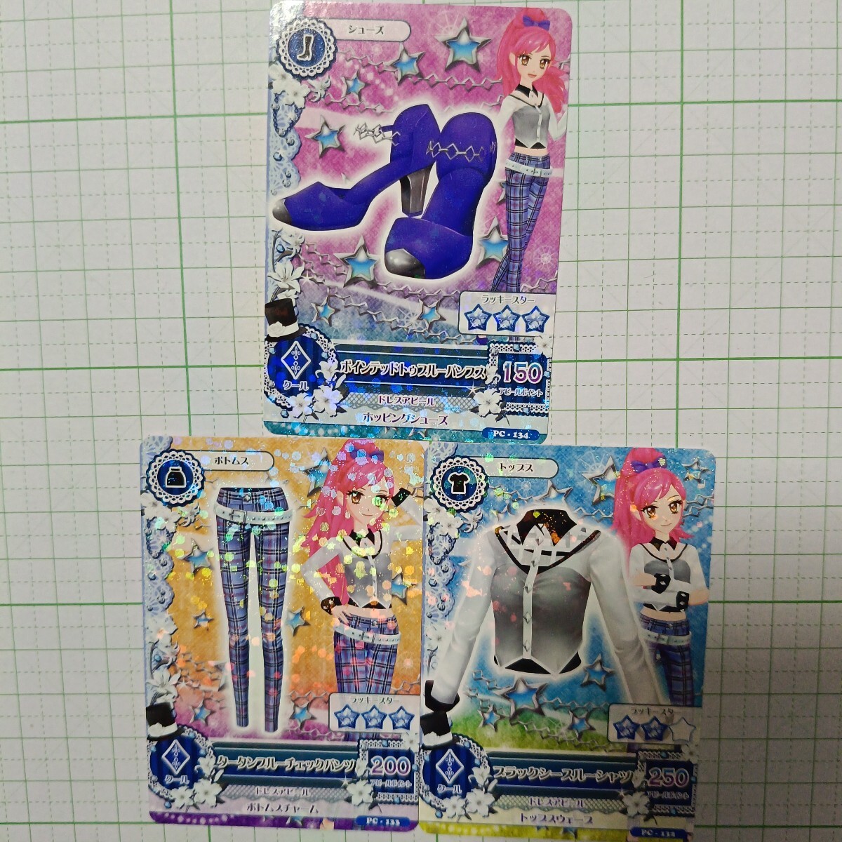 アイカツ コーデ データカードダス セット ブラックシースルーシャツPC-132タータンブルーチェックパンツPC-133ポインテッドトゥブルーパン拍卖