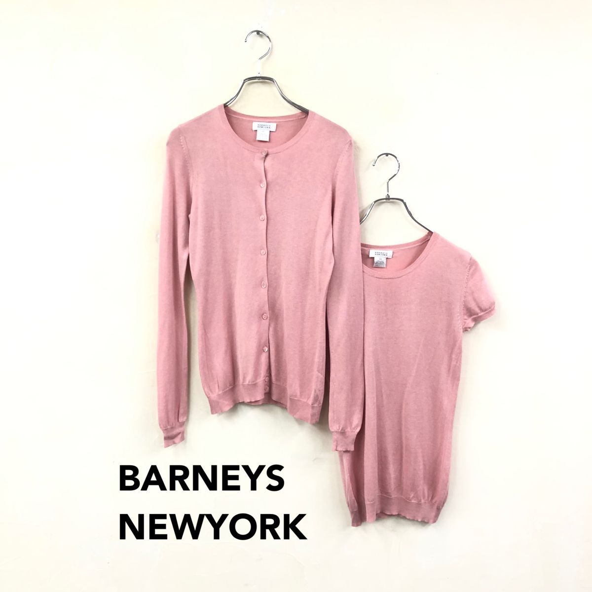 2O1165-O◆BARNEYS NEWYORK バーニーズニューヨーク ニットカーディガン 半袖Tシャツ セット ◆sizeXS ピンク シルク コットン カシミヤ拍卖