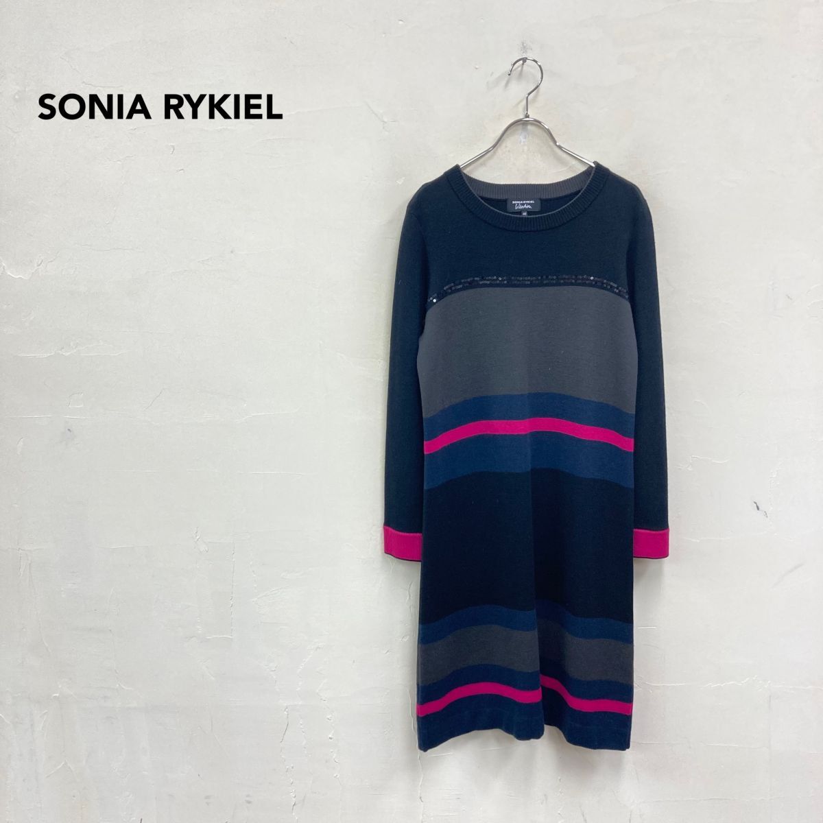 2O2289-J◆SONIA RYKIEL collection ソニアリキエル ウール混ワンピース◆40 レディース ロングワンピース マルチボーダー スパンコール拍卖