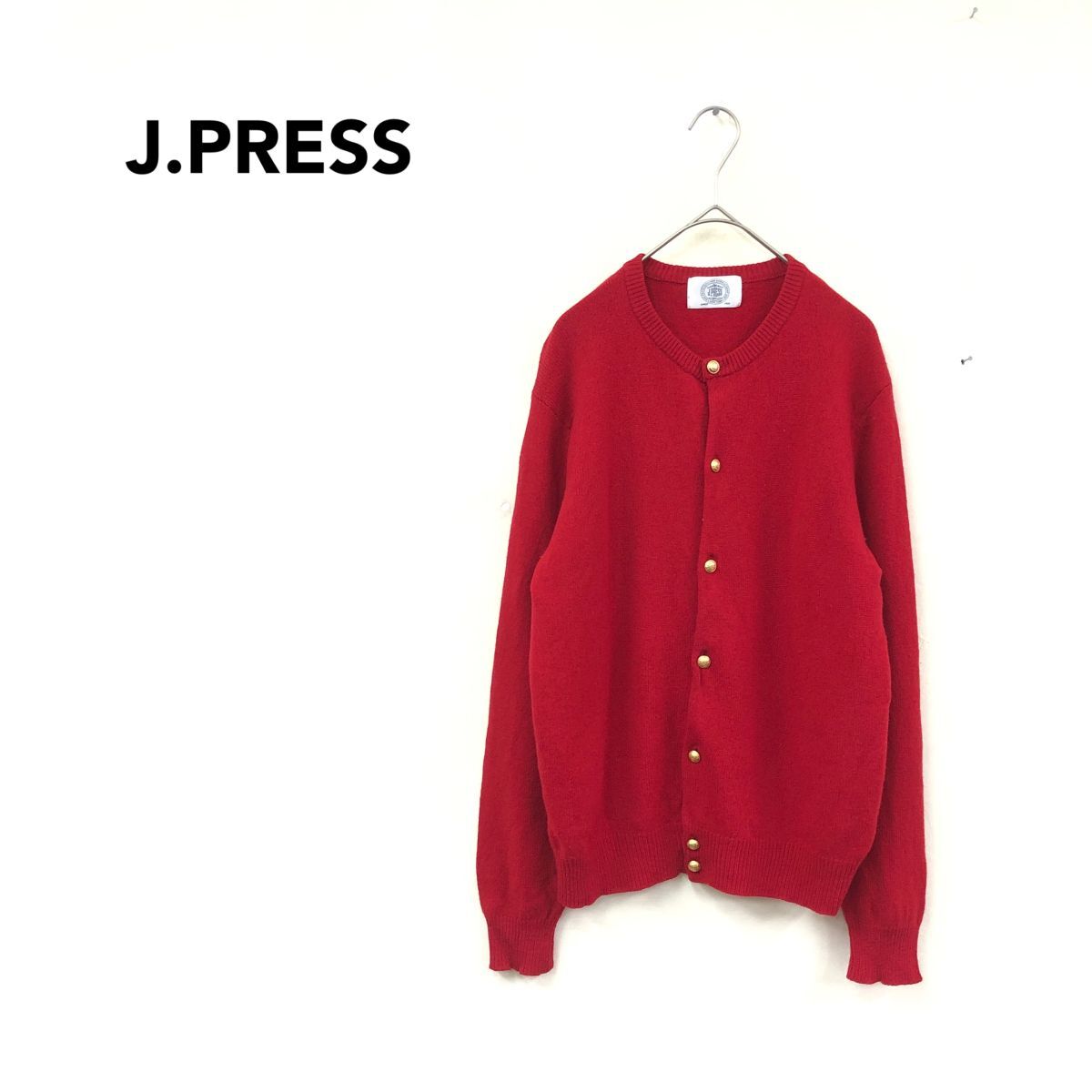 2O2280-K◆J.PRESS ジェイプレス 長袖ニットカーディガン◆sizeM 赤 無地 ウール100% 金ボタン カジュアル シンプル レディース拍卖