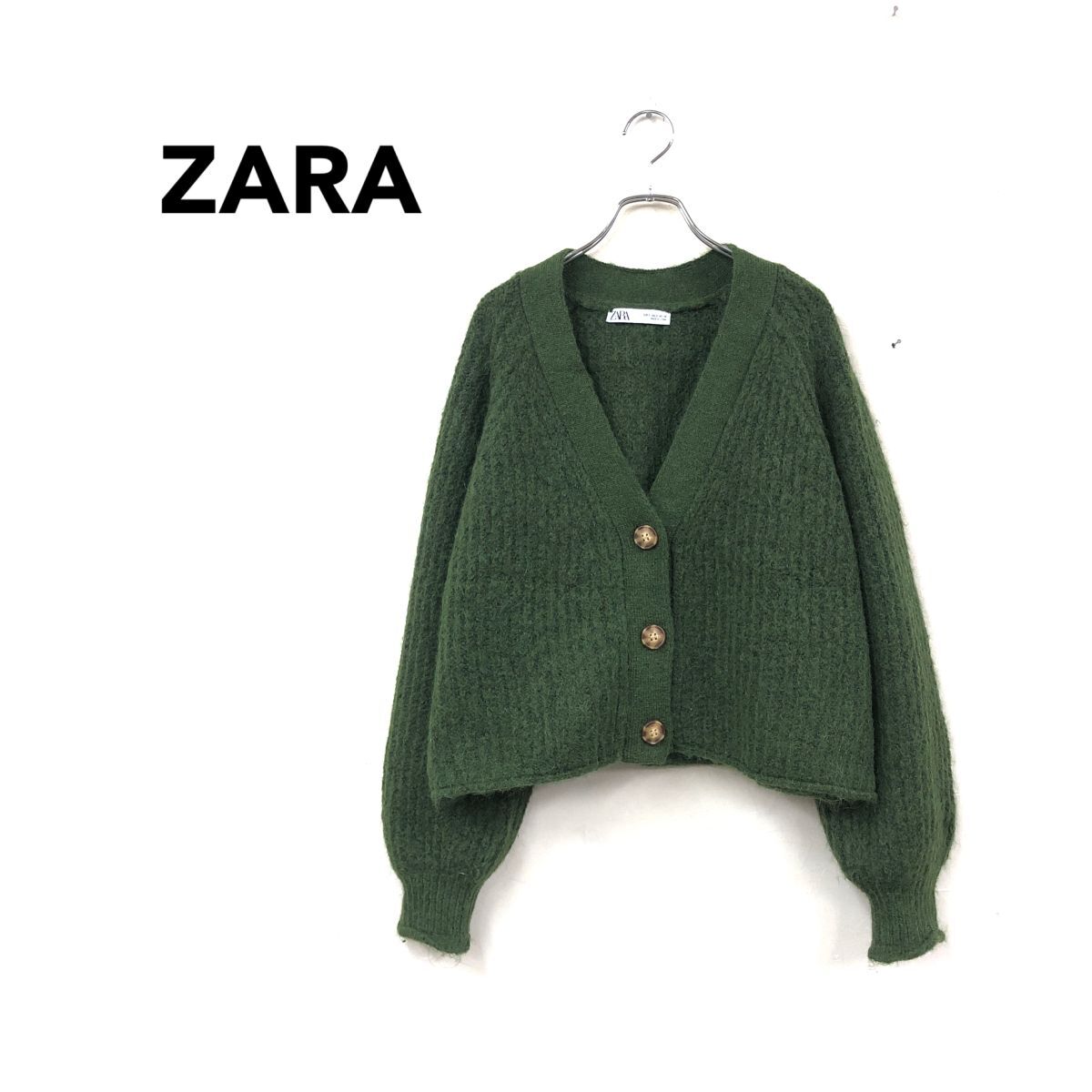 2O2462-Y◆ZARA ザラ クロップドニットカーディガン Vネック 前開き 無地 レディース カジュアル 秋冬 ◆sizeS グリーン ポリエステル拍卖
