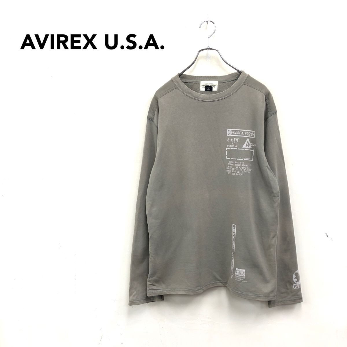 2O2086-Y◆AVIREX U.S.A. アヴィレックス スウェットシャツ 長袖 クルーネック エルボーパッチ 袖裾リブなし メンズ ◆sizeL グレージュ系拍卖