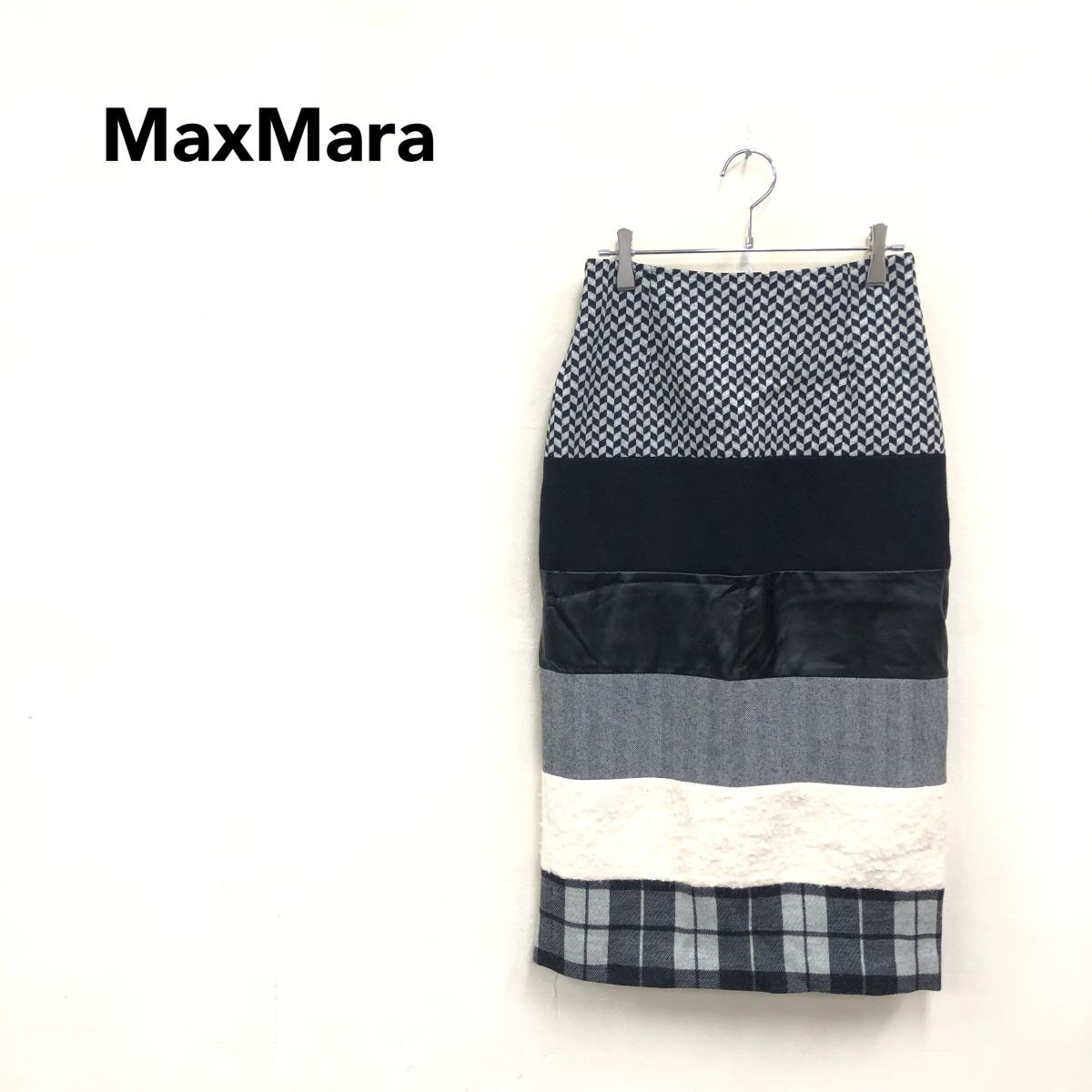 2O2656-K◆イタリア製 MaxMara マックスマーラ 切り替えロングスカート◆size42 ブラック タイト 異素材mix カジュアル レディース拍卖