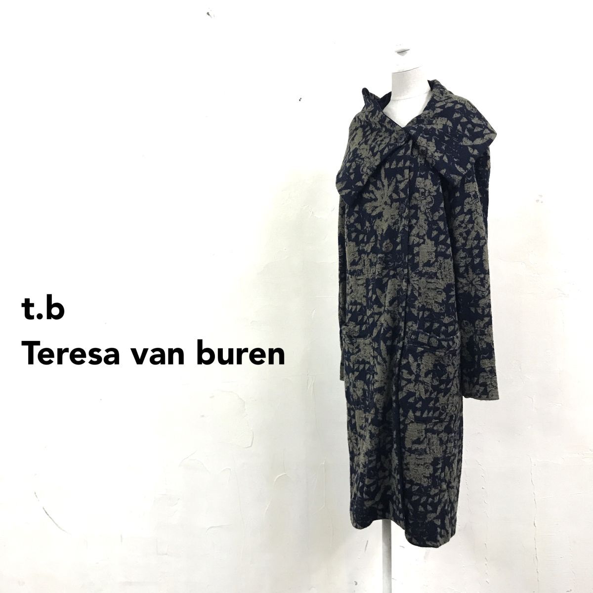 2O2599-G◆ t.b Teresa van buren センソユニコ ビッグカラーパータンニットロングコート Iライン ◆ size40 紺 カーキ ウール モヘヤ拍卖