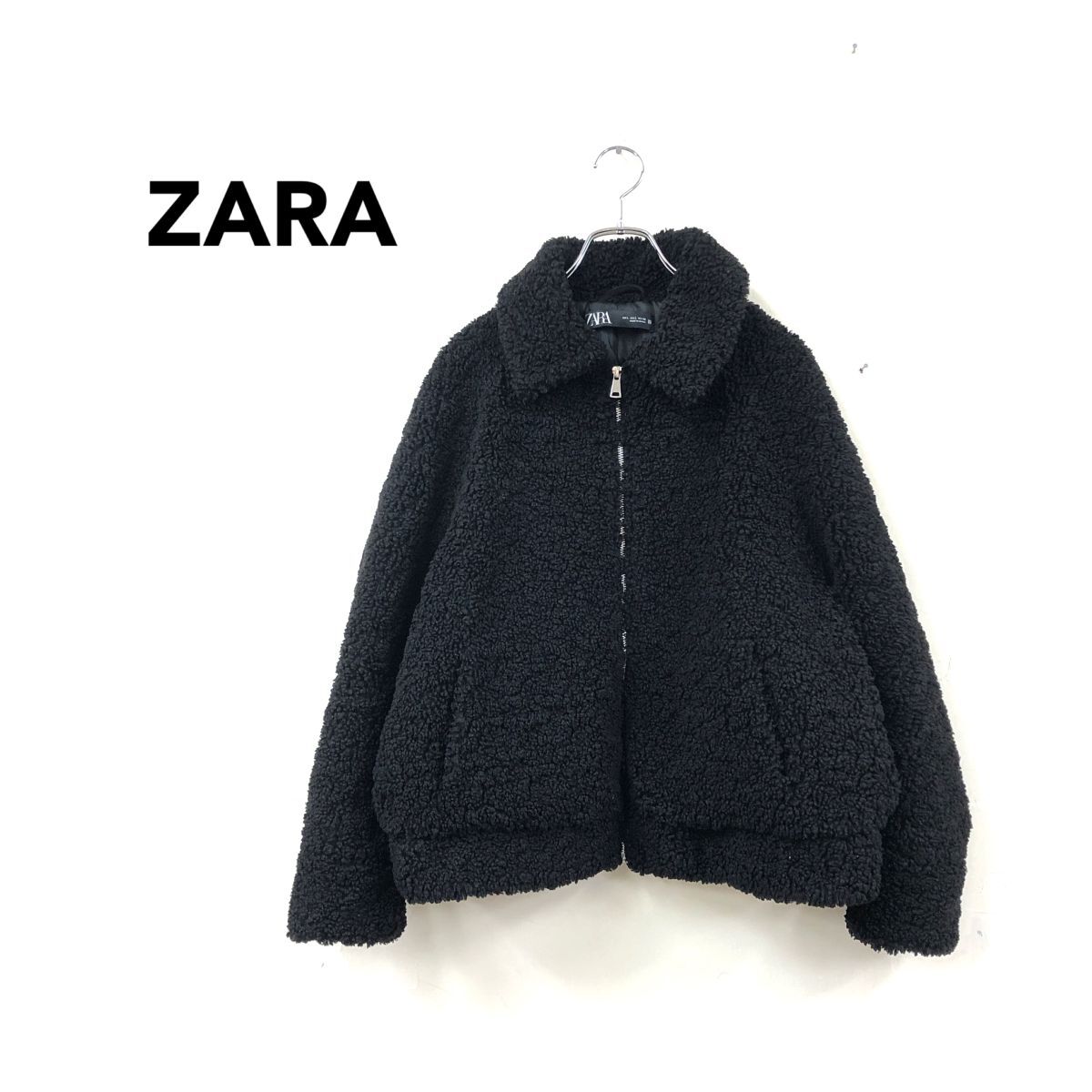 2O2940-Y-N◆ZARA ザラ フルジップボアジャケット フリース 短丈 モコモコ レディース カジュアル 秋冬 冬物◆sizeL ブラック ポリエステル拍卖