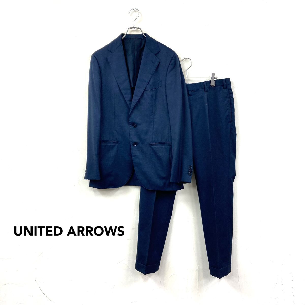 2O2850-Y◆UNITED ARROWS ユナイテッドアローズ セットアップスーツ シングル ノッチド サイドベンツ 背抜き ビジネス◆size48 ネイビー 毛拍卖