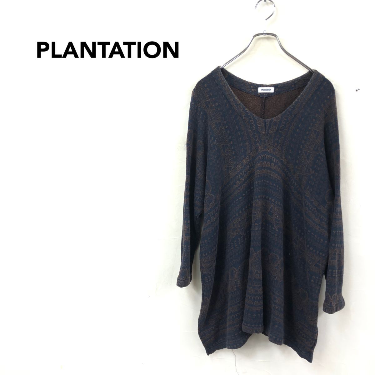 2O2842-O◆Plantation プランテーション 長袖ニット セーター 柄 丸首 胸元広め Uネック プルオーバー◆size2 ネイビー コットン拍卖