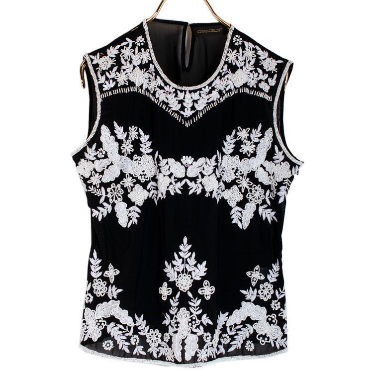 クリスセリーン ブラウス ノースリーブ ビジュー CHRIS CELIN Lサイズ ビーズ刺繍 バックシースルー拍卖