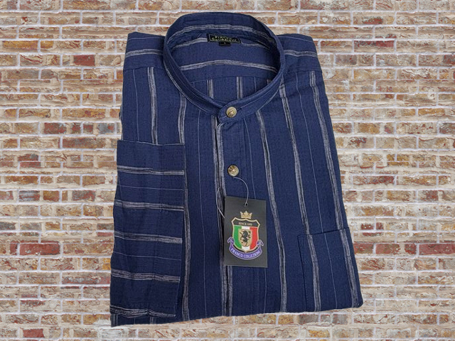 41262-2-a67 Lサイズ FRANCO COLLEZIONI ストライプ柄しじら織 七分袖 スタンド衿シャツ拍卖