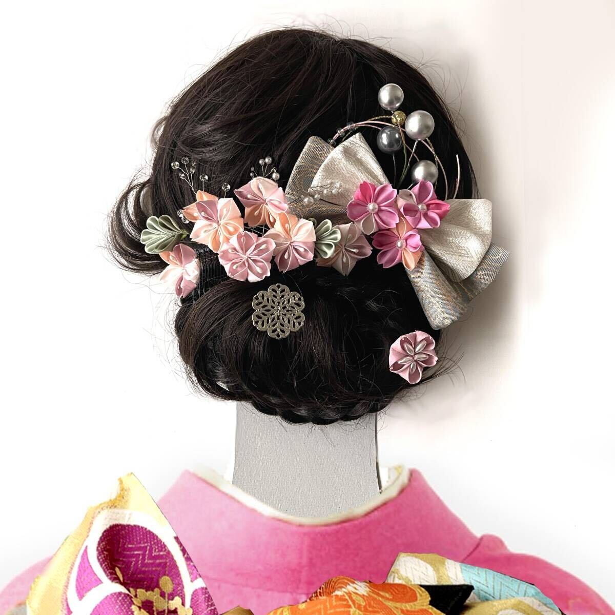 つまみ細工 髪飾 6点セット★桜 ピンク系 かんざし ヘアアクセサリー 正絹リボン★成人式 七五三 お正月 卒業式 結婚式 ハンドメイド拍卖