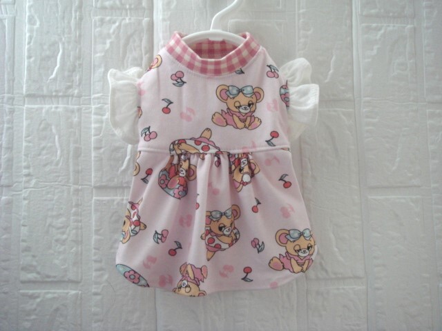 胴32 ハンドメイド 夏のチェリボン柄ギャザーワンピース フリル袖拍卖