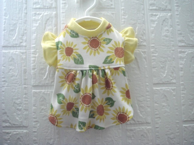 現品限り 胴36 ハンドメイド ひまわり柄ギャザーワンピース フリル袖拍卖