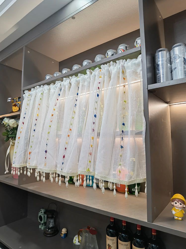 新発売 カフェカーテン レースカーテン 幅200センチ*丈50センチ シンプル 刺繍 フリンジ付き 高級感拍卖