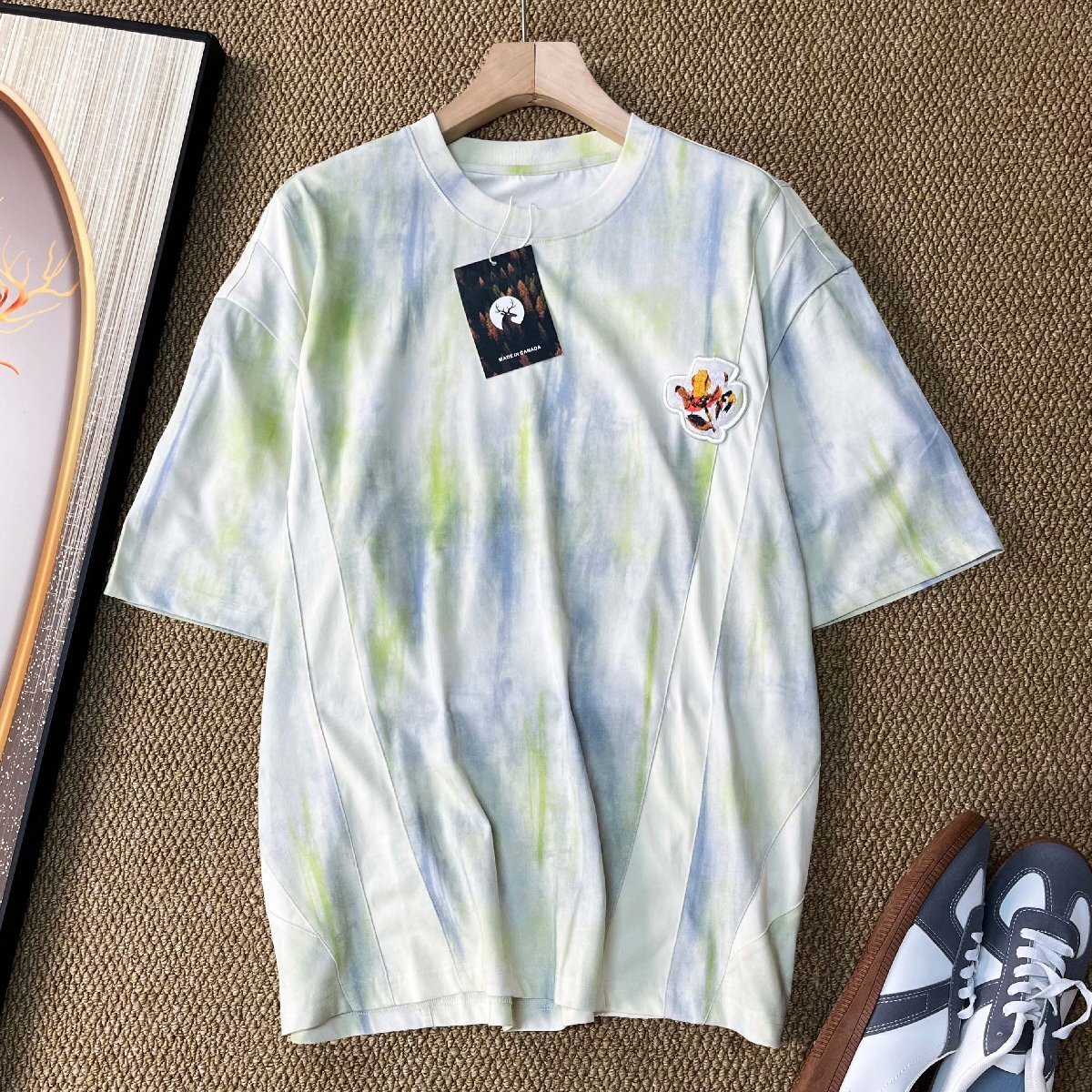 半袖 Tシャツ カナダ製造 綿混 上質 薄手 ソフト タイダイ柄 刺繍 丸首 可愛い ゆったり カジュアル スウェット 通勤 通学 夏服 SIZE:XL拍卖
