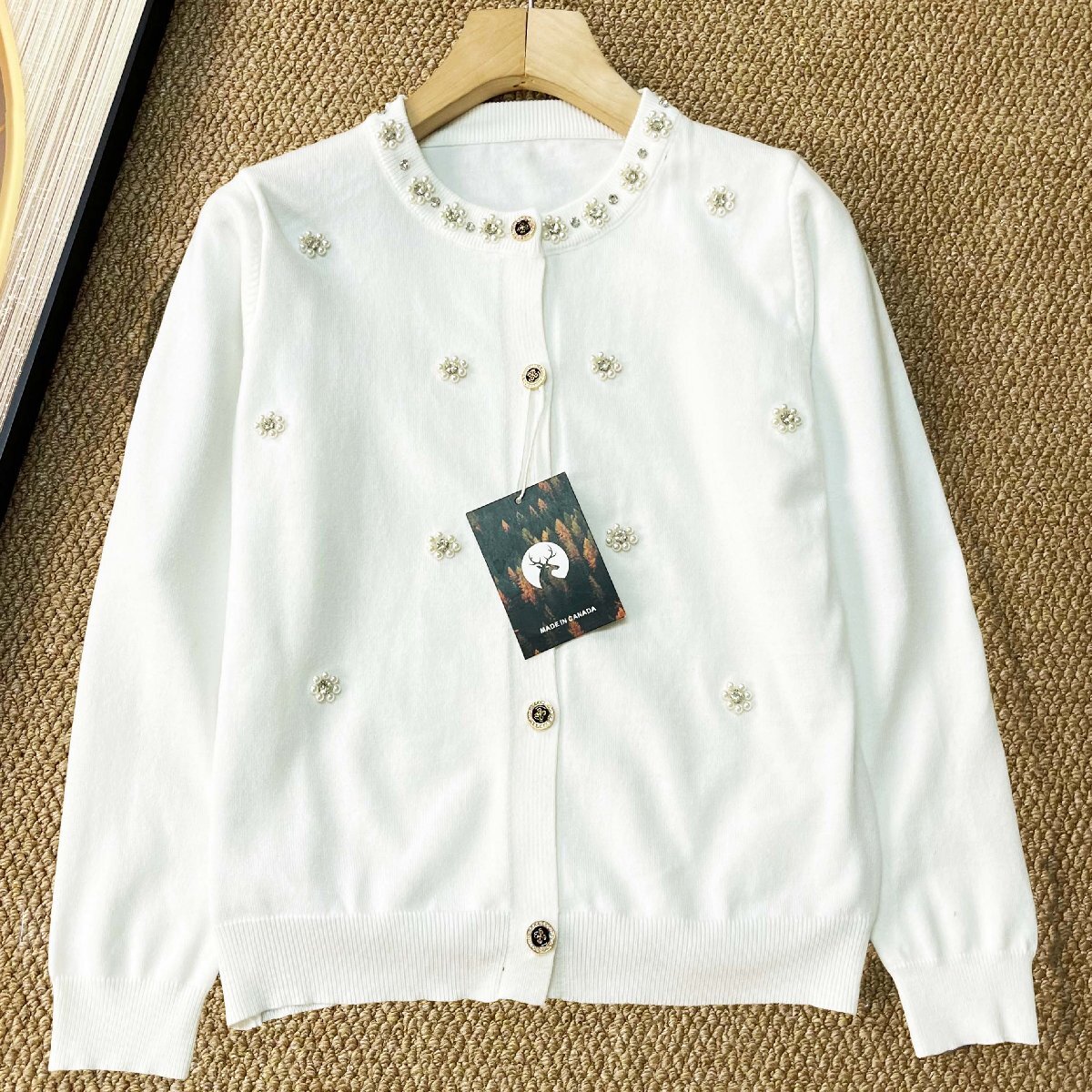 カーディガン カナダ製造 ウール混 柔らか 保温 ソフト パール 花柄 気品 着痩せ ニット セーター カジュアル レディース 日常 秋冬 SIZE:L拍卖