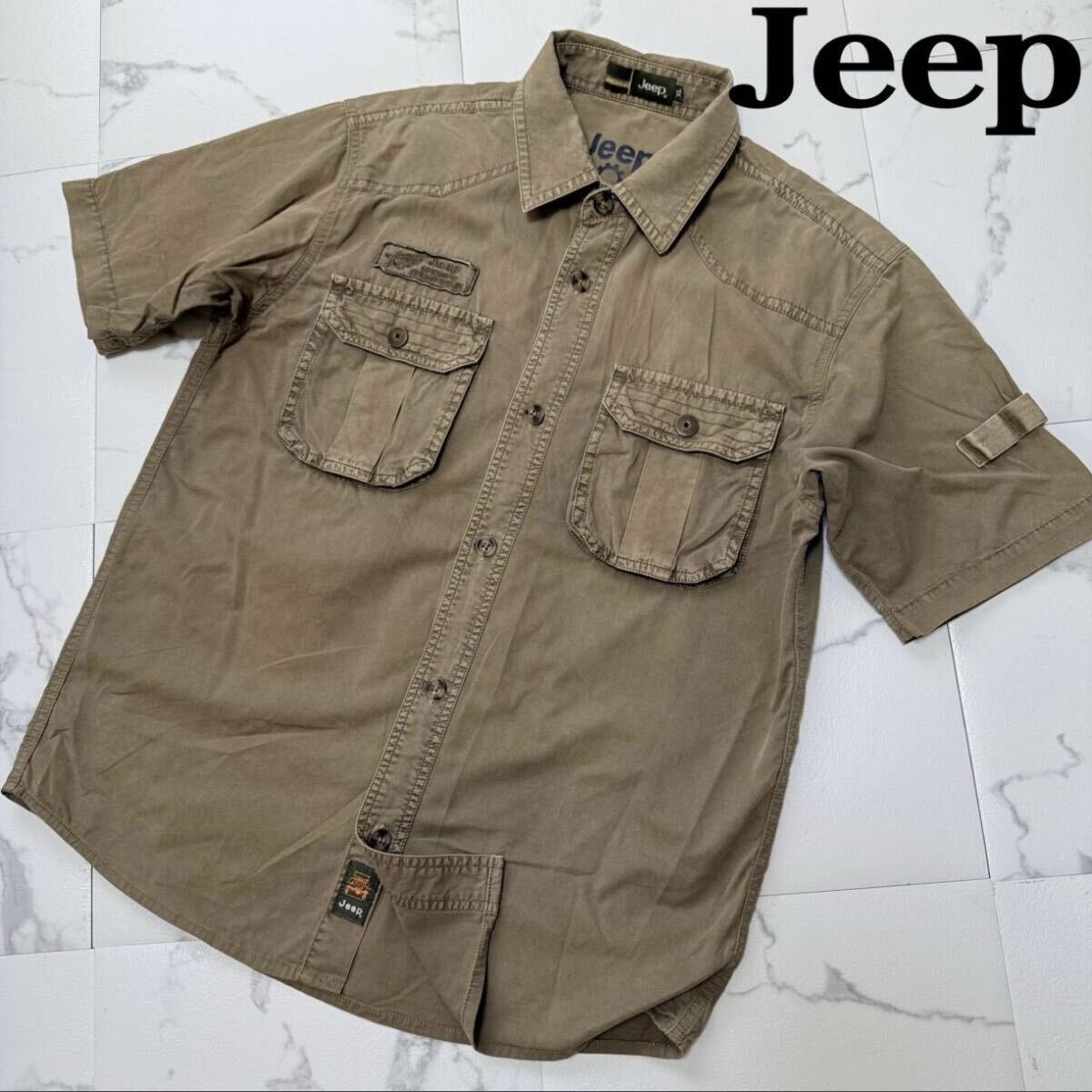 Jeep ジープロゴ刺繍 ミリタリーシャツ半袖ワークシャツカーキサイズ XL ジープ Jeep カーキ ミリタリー シャツ拍卖