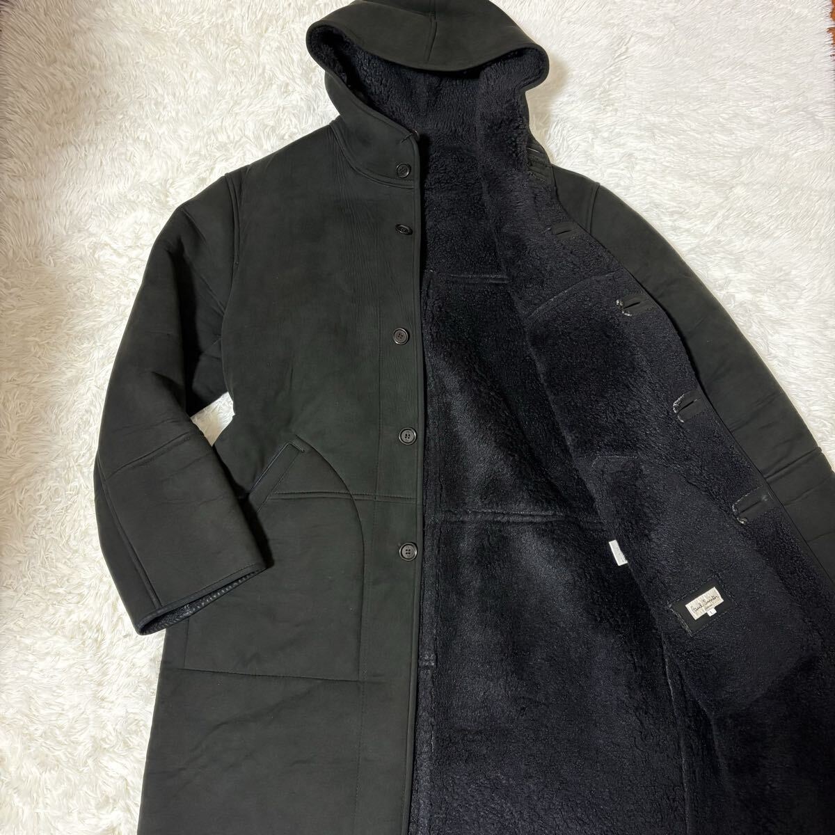 Lサイズ【Paul Smith ポールスミス】フェイクムートン コート ジャケット ブラック メンズ ボア フード ロング 極暖 希少 ムートンコート拍卖