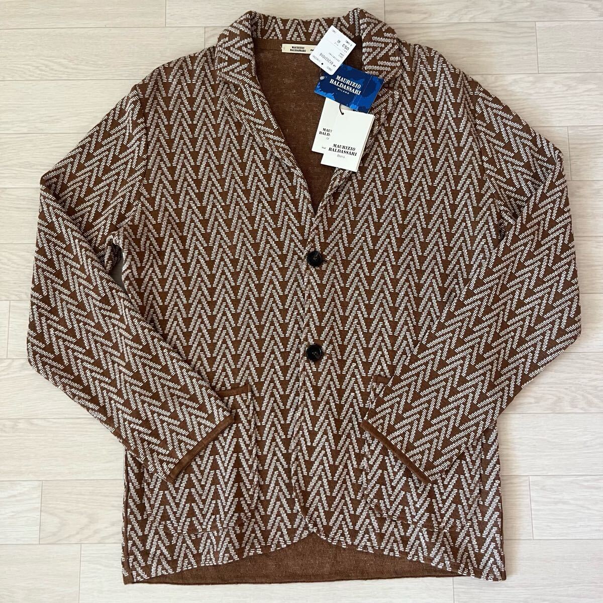 【未使用タグ付】 定価110,000円 リネン テーラードジャケット シルク MAURIZIO BALDASSARI キャメル 総柄 マウリツィオ イタリア製 メンズ拍卖