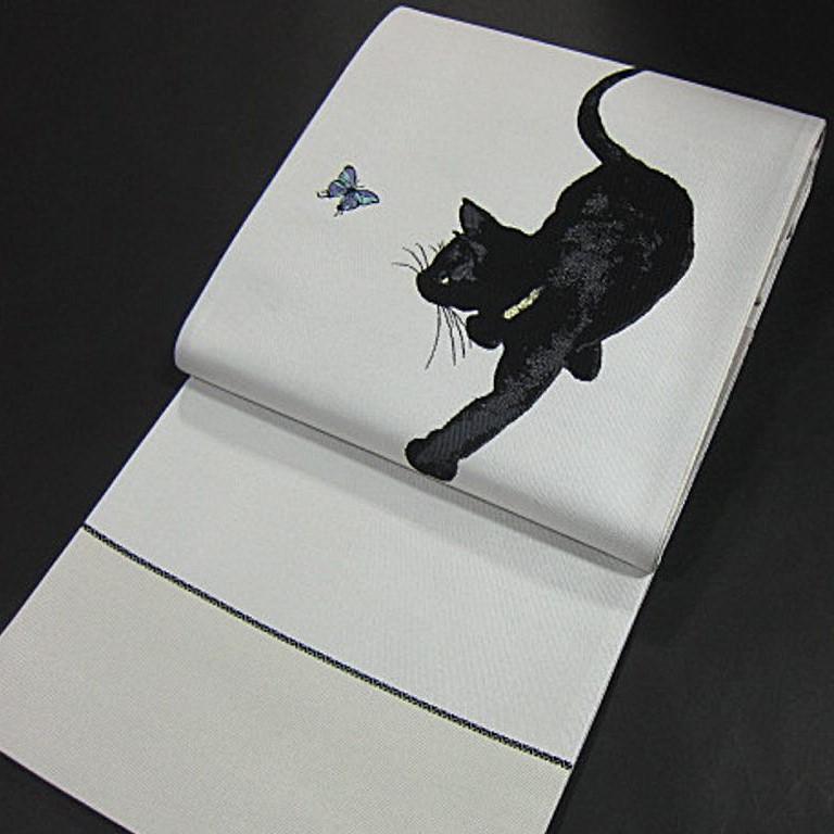 新品未仕立 西陣織高級袋帯 蝶々を追いかける黒猫・クロネコ拍卖