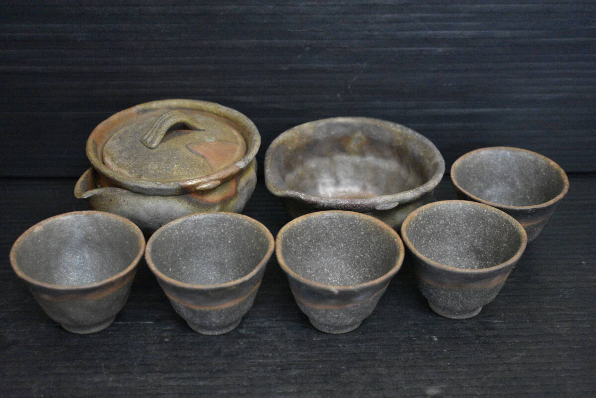 うぶ品 時代物 小西陶古 備前焼 手造煎茶器揃 宝瓶、湯冷、煎茶碗 共箱 煎茶道具 古美術品拍卖