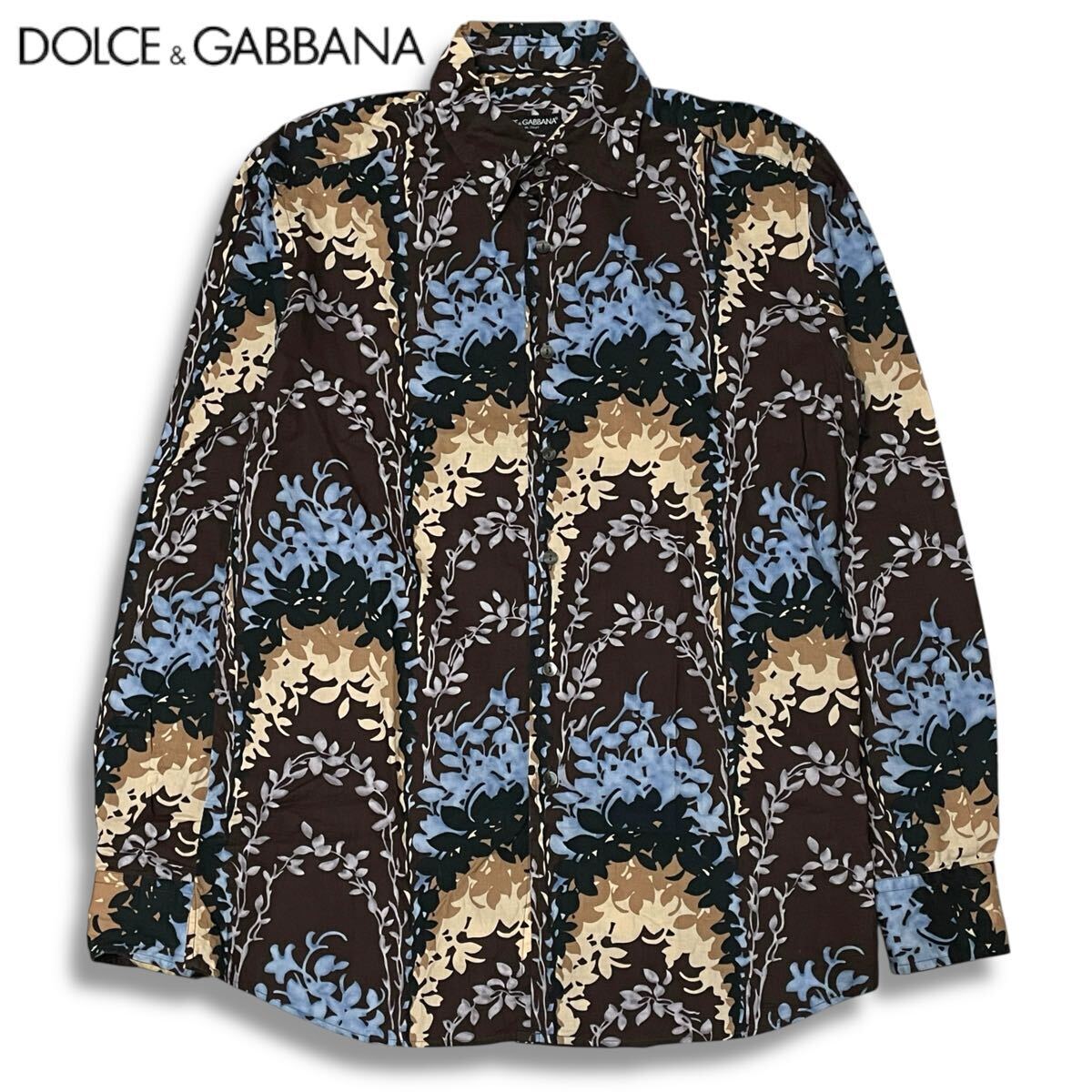 ★ 国内正規品 DOLCE &GABBANA ドルチェ&ガッバーナ WSR48 マルチリーフ 長袖コットン ドレスシャツ 41 ブラウン系 イタリア製 メンズ 41拍卖