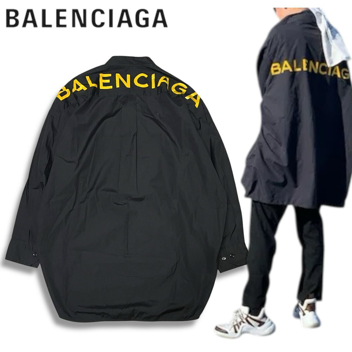 ★ 正規品 BALENCIAGA バレンシアガ 492513 New Swing Shirt バックロゴプリント ニュースイング シャツ フランス製 34 メンズ ブラック拍卖